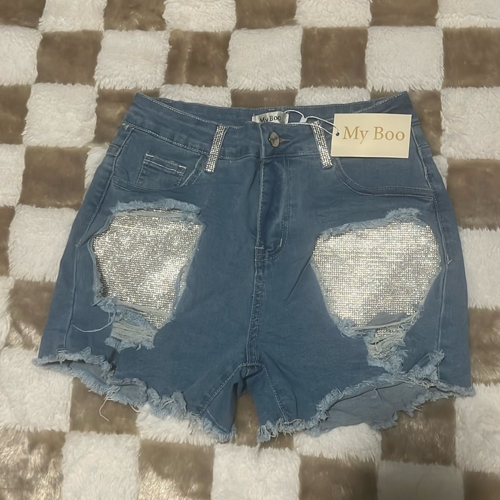 My Boo Rhinestone Embellished Distressed Denim Shorts (Blue) medium